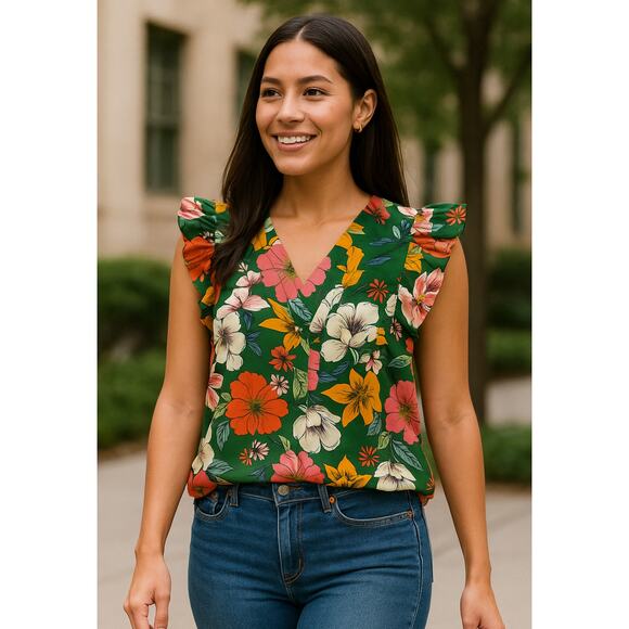 DR2 Green Floral Ruffle Sleeve Blouse Women’s Small V Neck Top Summer - Picture 2 of 10